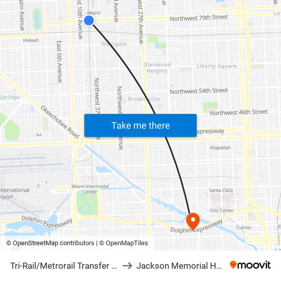 Tri-Rail/Metrorail Transfer Station to Jackson Memorial Hospital map