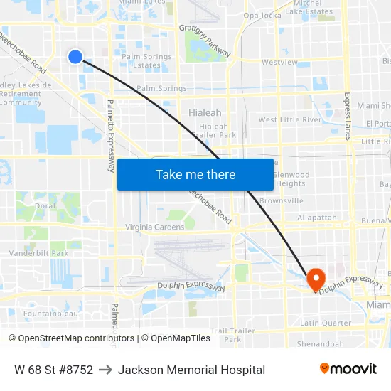W 68 St #8752 to Jackson Memorial Hospital map