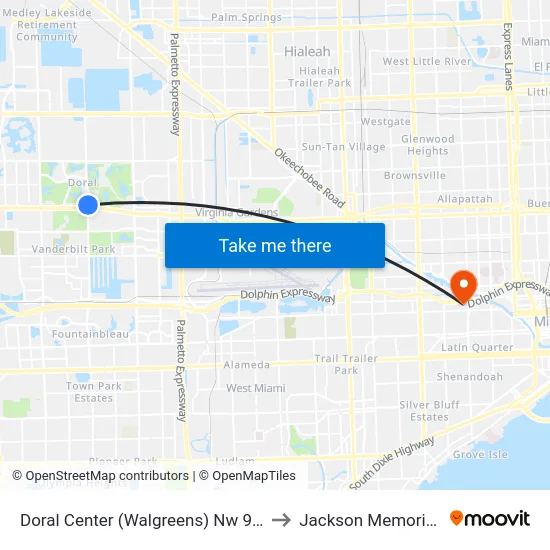 Doral Center (Walgreens) Nw 97 Ave@nw 41 St to Jackson Memorial Hospital map