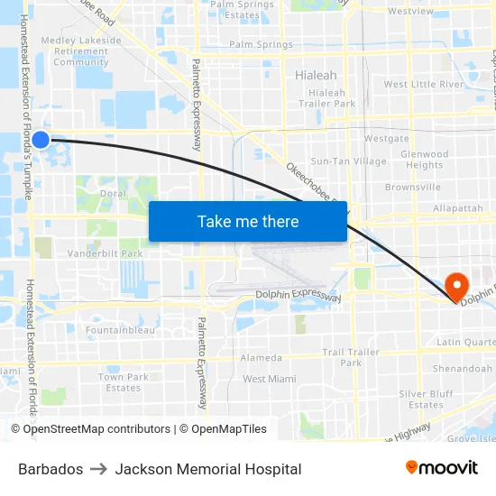 Barbados to Jackson Memorial Hospital map