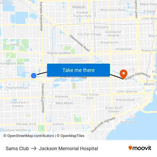 Sams Club to Jackson Memorial Hospital map