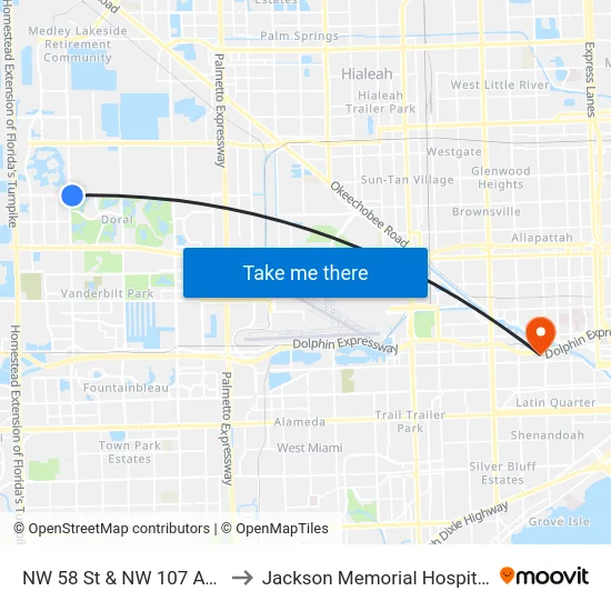 NW 58 St & NW 107 Ave to Jackson Memorial Hospital map