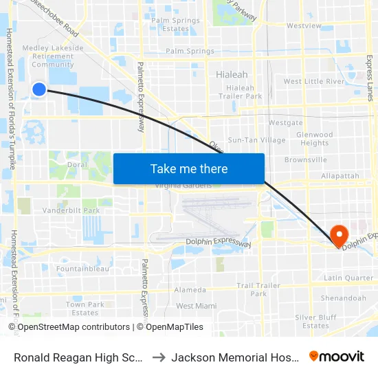 Ronald Reagan High School to Jackson Memorial Hospital map