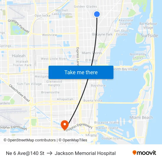 Ne 6 Ave@140 St to Jackson Memorial Hospital map
