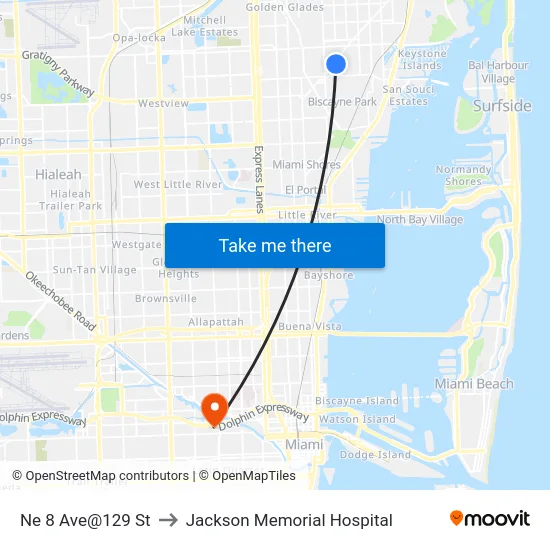 Ne 8 Ave@129 St to Jackson Memorial Hospital map