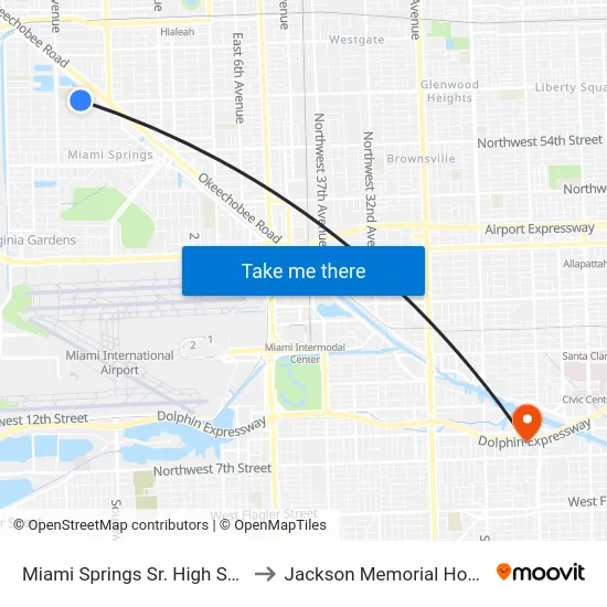 Miami Springs Sr. High School to Jackson Memorial Hospital map