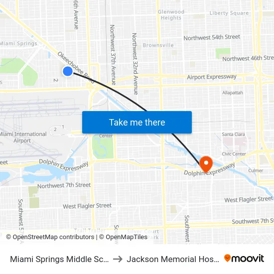 Miami Springs Middle School to Jackson Memorial Hospital map