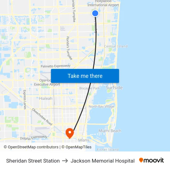 Sheridan Street Station to Jackson Memorial Hospital map