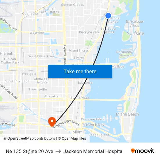 Ne 135 St@ne 20 Ave to Jackson Memorial Hospital map