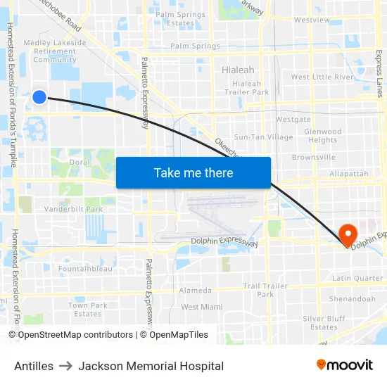 Antilles to Jackson Memorial Hospital map