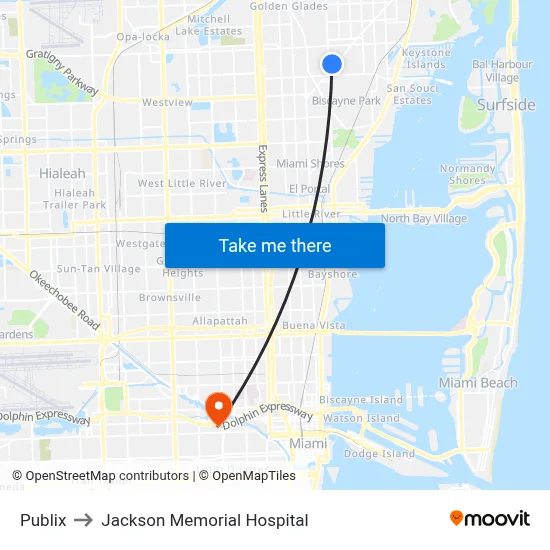 Publix to Jackson Memorial Hospital map