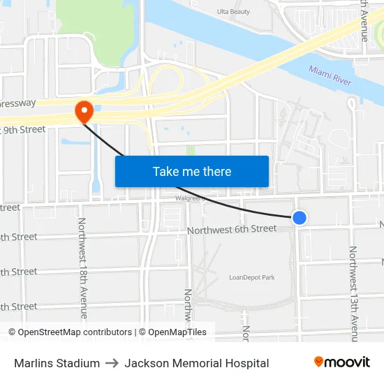 Marlins Stadium to Jackson Memorial Hospital map