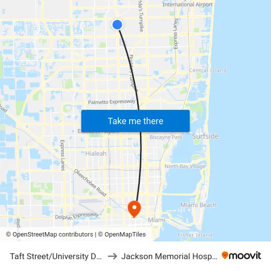 Taft Street/University Drive to Jackson Memorial Hospital map