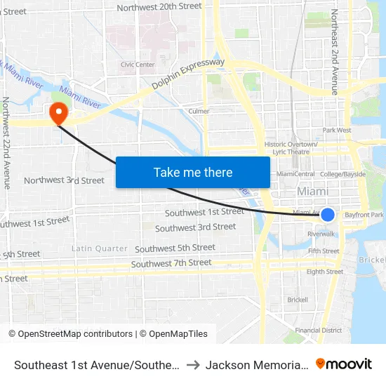 Southeast 1st Avenue/Southeast 2nd Street to Jackson Memorial Hospital map