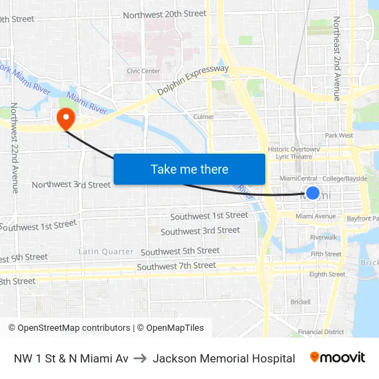 NW 1 St & N Miami Av to Jackson Memorial Hospital map