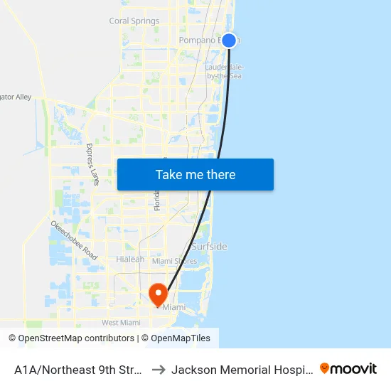 A1A/Northeast 9th Street to Jackson Memorial Hospital map