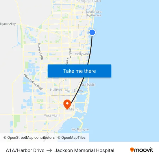 A1A/Harbor Drive to Jackson Memorial Hospital map