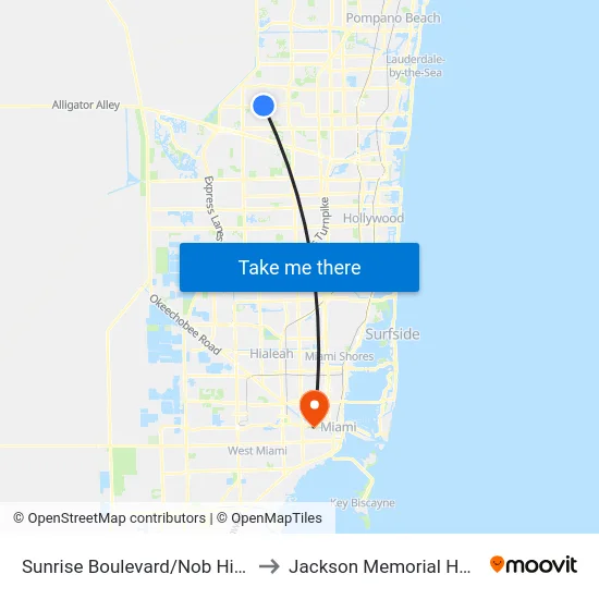Sunrise Boulevard/Nob Hill Road to Jackson Memorial Hospital map
