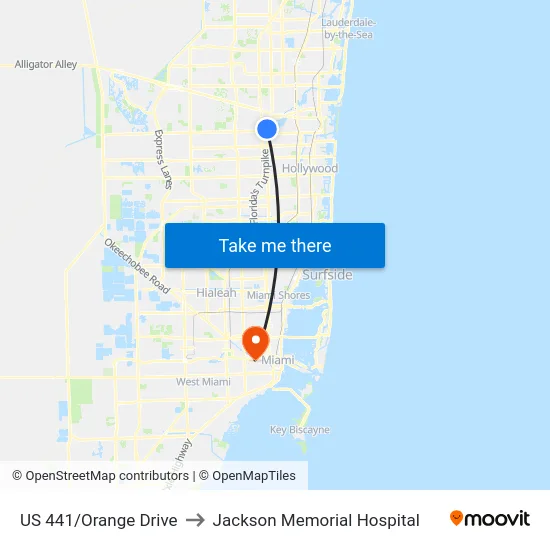 US 441/Orange Drive to Jackson Memorial Hospital map