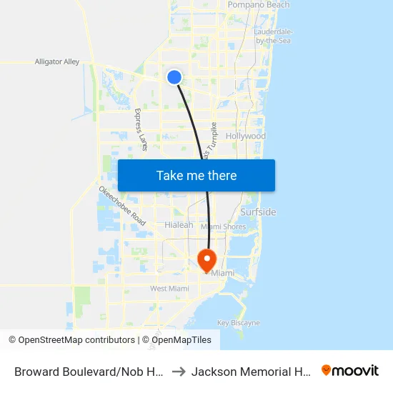 Broward Boulevard/Nob Hill Road to Jackson Memorial Hospital map