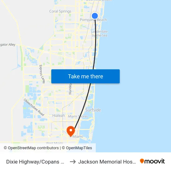 Dixie Highway/Copans Road to Jackson Memorial Hospital map