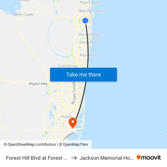 Forest Hill Blvd at Forest Hill Cir to Jackson Memorial Hospital map