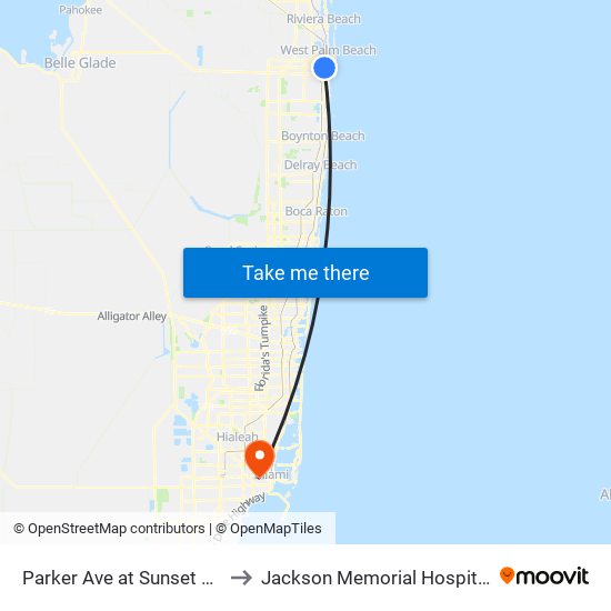 PARKER AVE at SUNSET RD to Jackson Memorial Hospital map