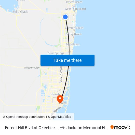 Forest Hill Blvd at Okeeheelee Pk E to Jackson Memorial Hospital map