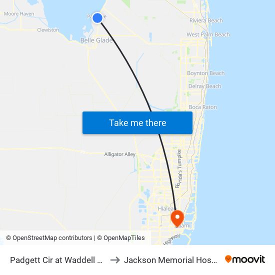 Padgett Cir at Waddell Way to Jackson Memorial Hospital map