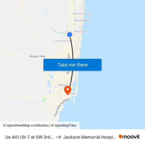 Us-441/Sr-7 at SW 3rd St to Jackson Memorial Hospital map