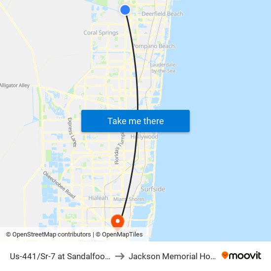 Us-441/Sr-7 at Sandalfoot Blvd to Jackson Memorial Hospital map