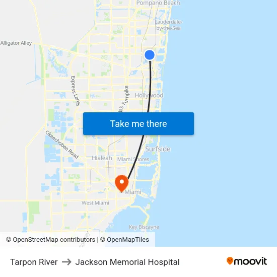 Tarpon River to Jackson Memorial Hospital map