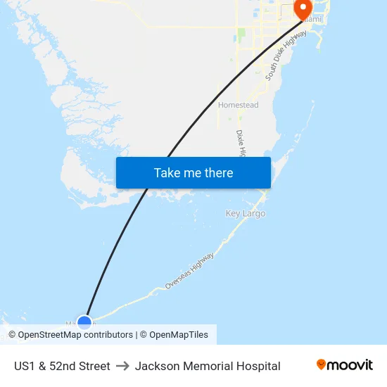 US1 & 52nd Street to Jackson Memorial Hospital map