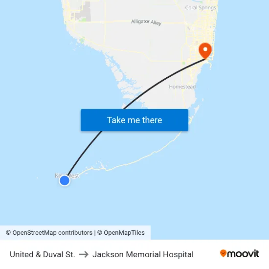 United & Duval St. to Jackson Memorial Hospital map