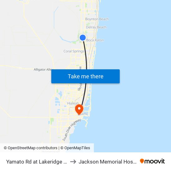 Yamato Rd at Lakeridge Blvd to Jackson Memorial Hospital map