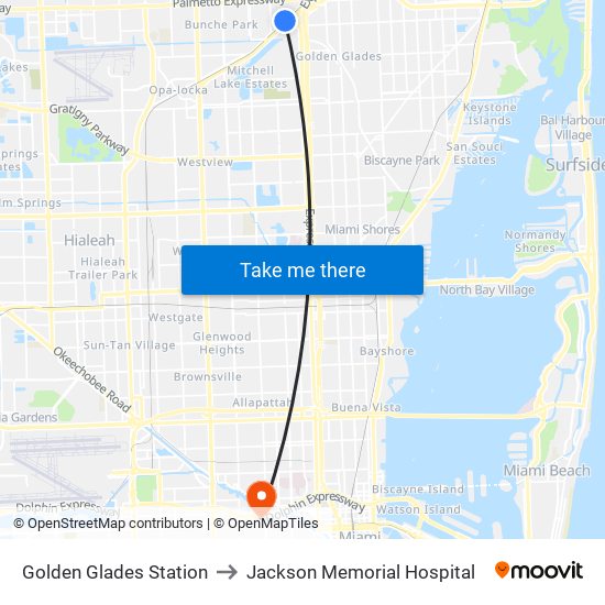 Golden Glades Station to Jackson Memorial Hospital map