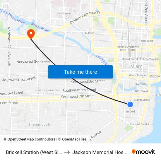 Brickell Station (West Side) to Jackson Memorial Hospital map