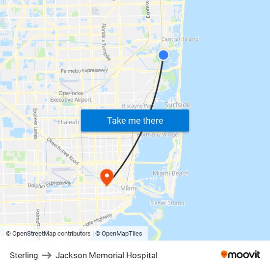 Sterling to Jackson Memorial Hospital map