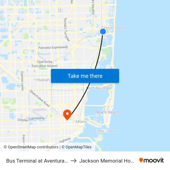 Bus Terminal at Aventura Mall to Jackson Memorial Hospital map