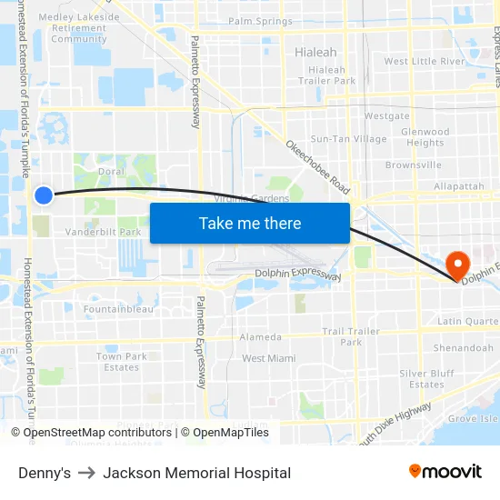 Denny's to Jackson Memorial Hospital map