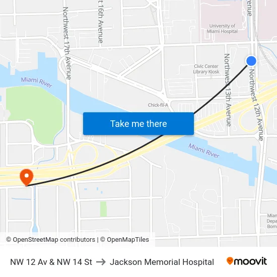 NW 12 Av & NW 14 St to Jackson Memorial Hospital map