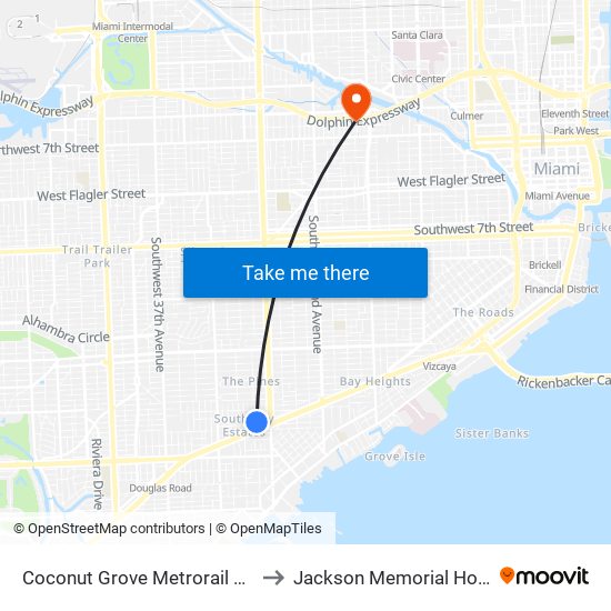 Coconut Grove Metrorail Station to Jackson Memorial Hospital map