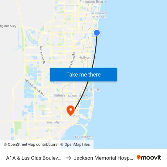 A1A & Las Olas Boulevard to Jackson Memorial Hospital map