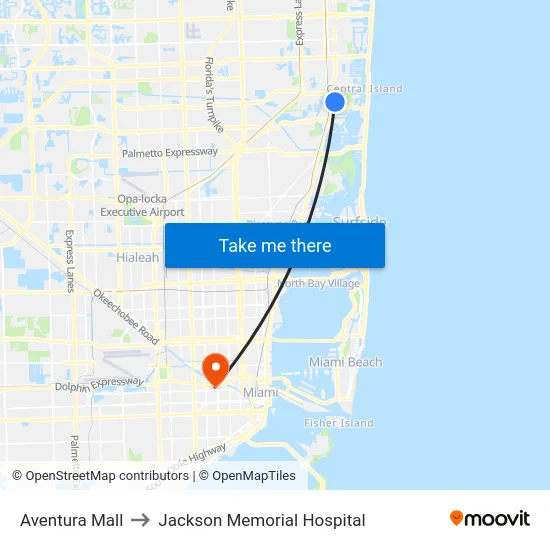 Aventura Mall to Jackson Memorial Hospital map
