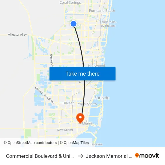 Commercial Boulevard & University Drive to Jackson Memorial Hospital map