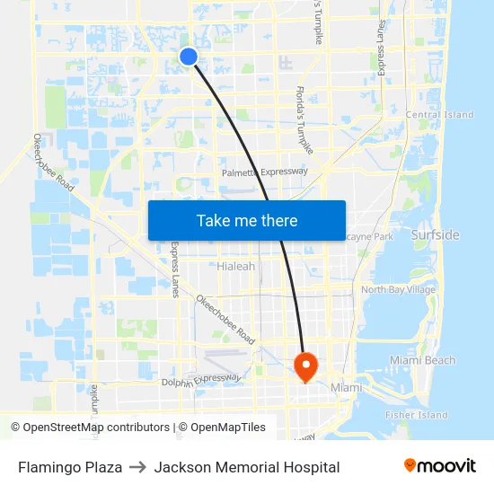 Flamingo Plaza to Jackson Memorial Hospital map