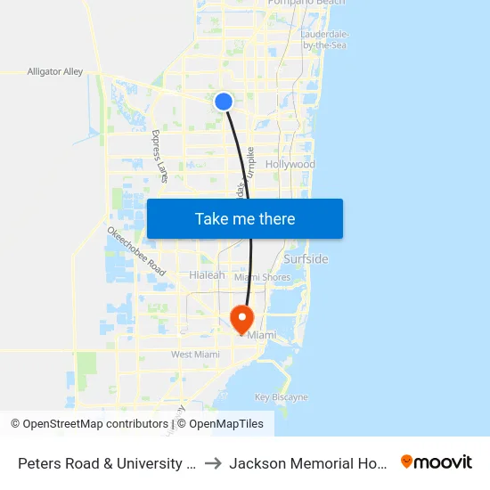 Peters Road & University Drive to Jackson Memorial Hospital map