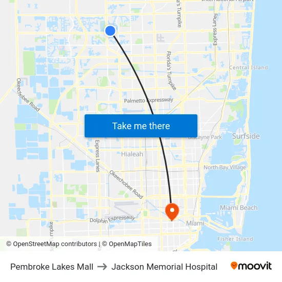 Pembroke Lakes Mall to Jackson Memorial Hospital map