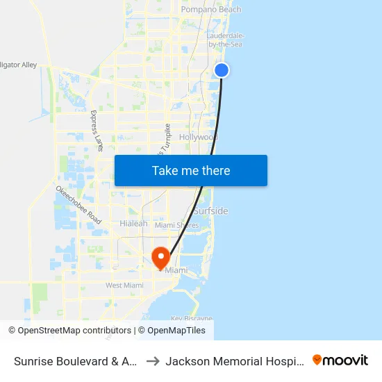 Sunrise Boulevard & A1A to Jackson Memorial Hospital map