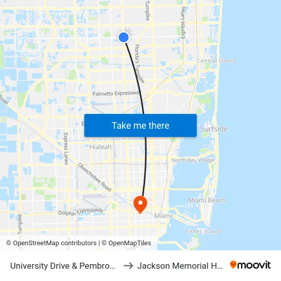 University Drive & Pembroke Road to Jackson Memorial Hospital map